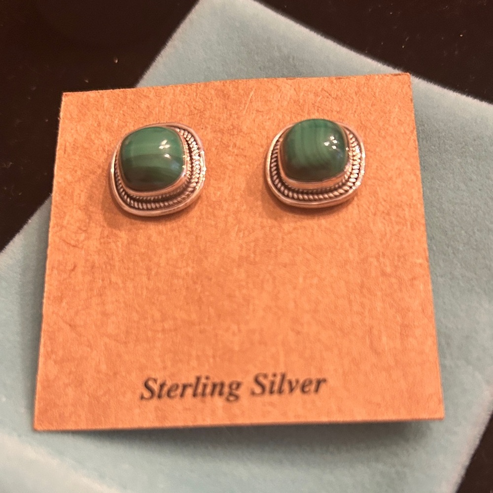 925 Sterling Silver Green malachite‎ Stud Earrings